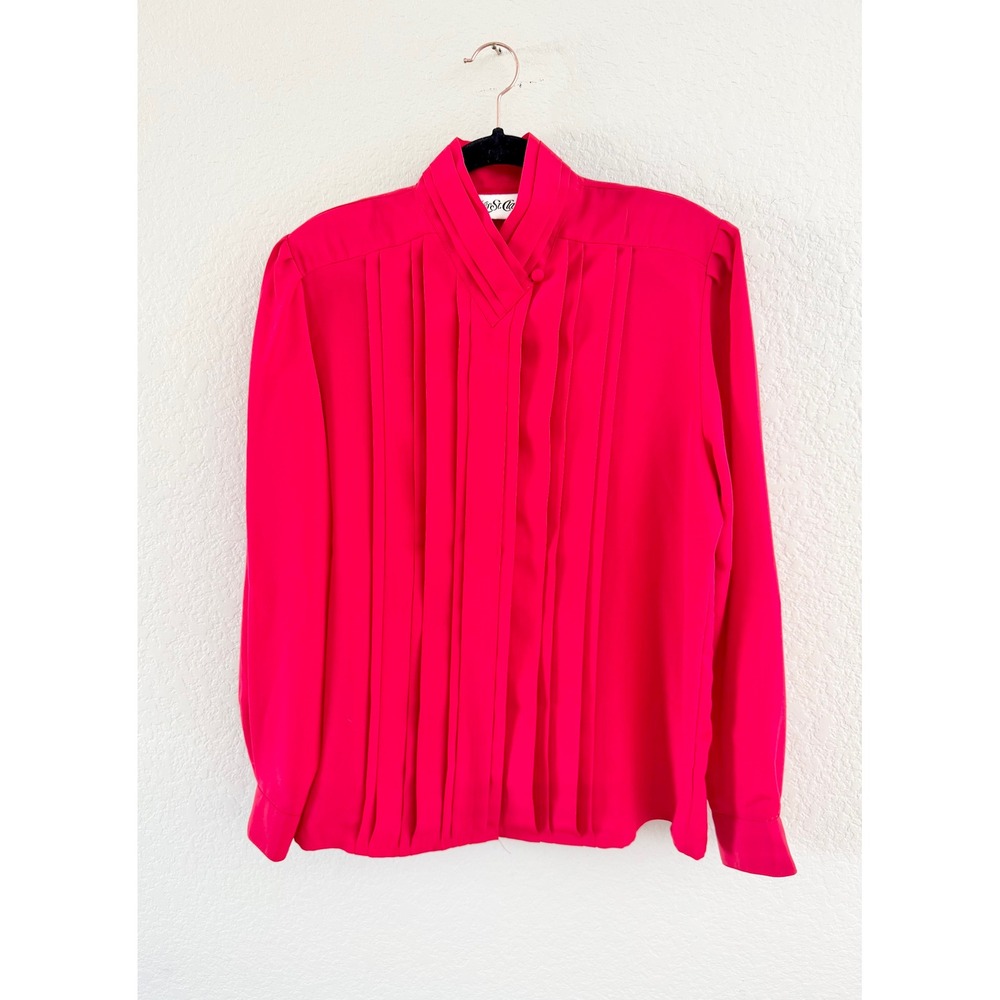 Yves St. Clair Blouse Womens 12 Red Vintage 80s Pleated Mock Neck Long Sleeve